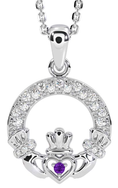 Diamond Amethyst Silver Claddagh Necklace