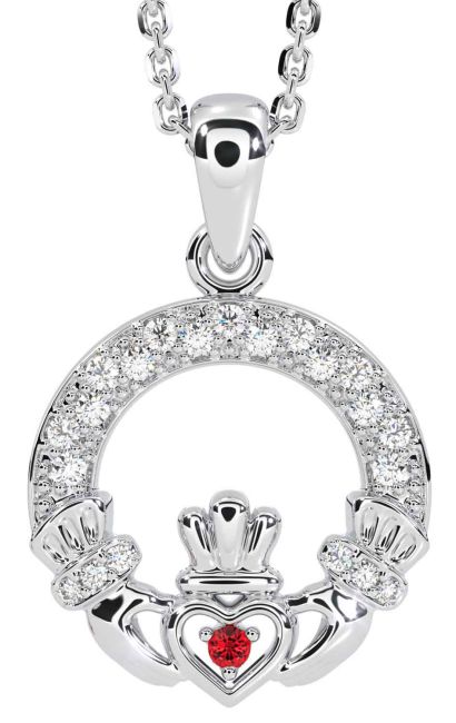 Diamond Ruby White Gold Claddagh Necklace