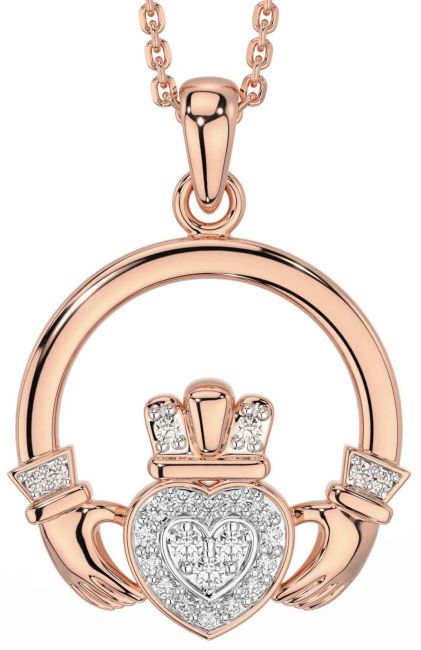 Diamond Rose Gold Silver Claddagh Necklace