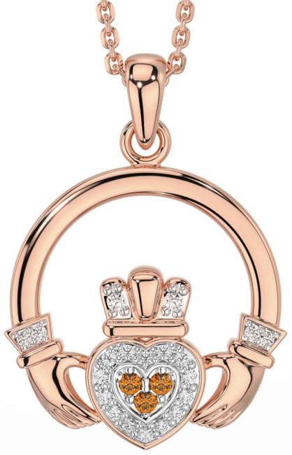 Diamond Citrine Rose Gold Claddagh Necklace