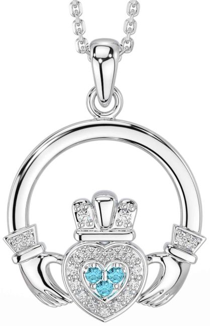 Diamond Aquamarine Silver Claddagh Necklace