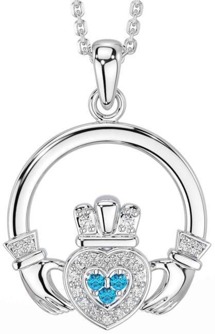 Diamond Topaz Silver Claddagh Necklace