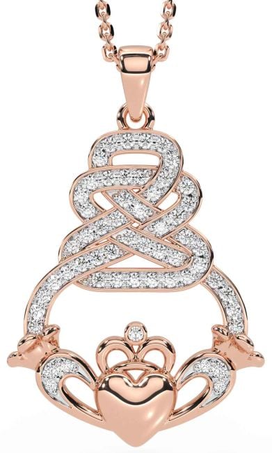 Diamond Rose Gold Silver Claddagh Necklace