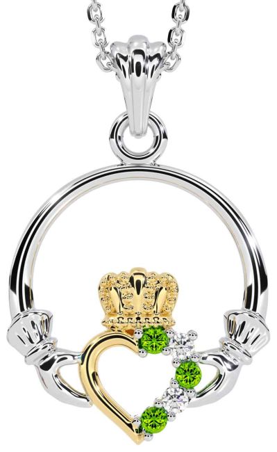 Diamond Peridot Gold Silver Claddagh Necklace