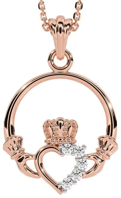 Diamond Rose Gold Silver Claddagh Necklace