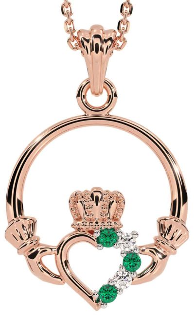 Diamond Emerald Rose Gold Silver Claddagh Necklace