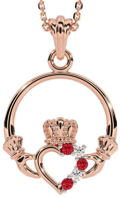 Diamond Ruby Rose Gold Silver Claddagh Necklace