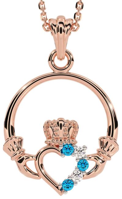 Diamond Topaz Rose Gold Silver Claddagh Necklace