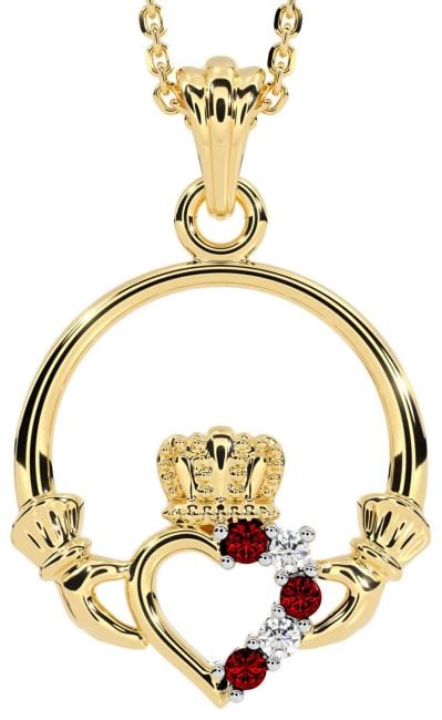 Diamond Garnet Gold Silver Claddagh Necklace