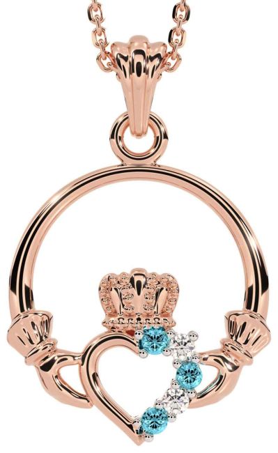 Diamond Aquamarine Rose Gold Claddagh Necklace