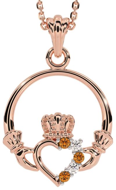 Diamond Citrine Rose Gold Claddagh Necklace
