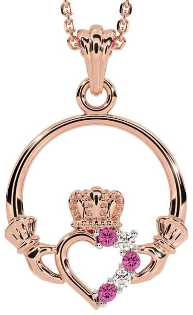 Diamond Pink Tourmaline Rose Gold Claddagh Necklace
