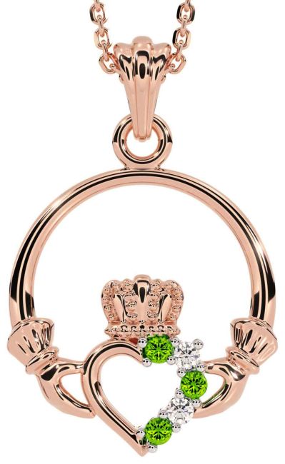 Diamond Peridot Rose Gold Claddagh Necklace