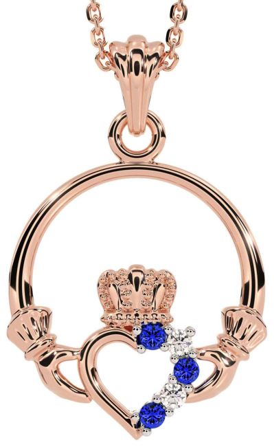Diamond Sapphire Rose Gold Claddagh Necklace