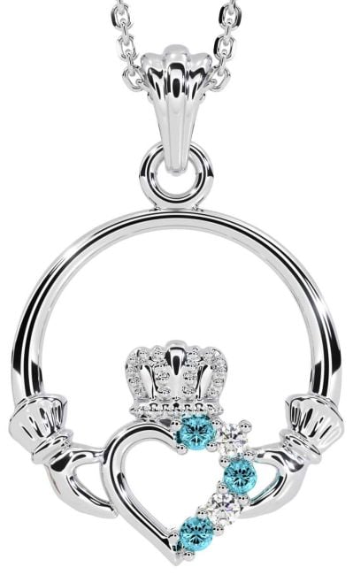 Diamond Aquamarine Silver Claddagh Necklace