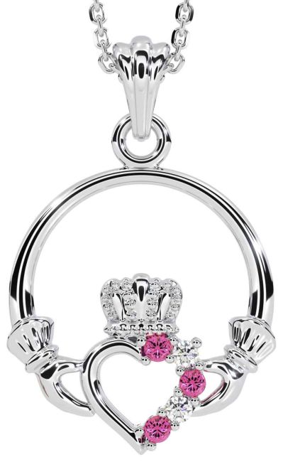 Diamond Pink Tourmaline Silver Claddagh Necklace