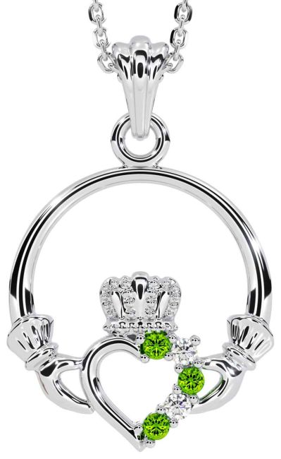 Diamond Peridot Silver Claddagh Necklace