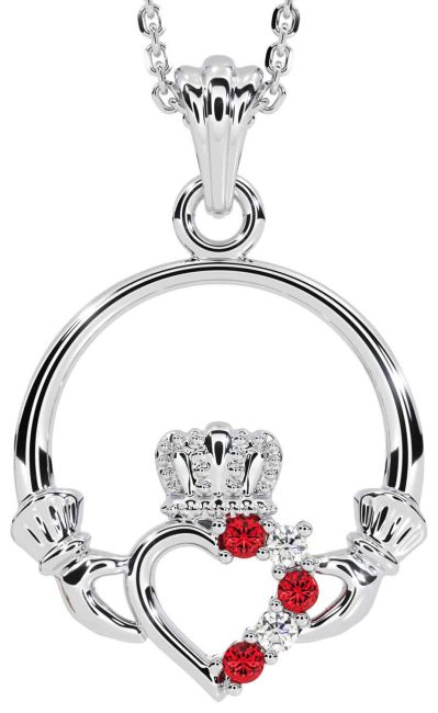 Diamond Ruby Silver Claddagh Necklace