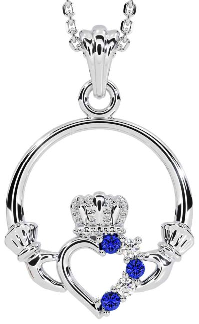 Diamond Sapphire Silver Claddagh Necklace