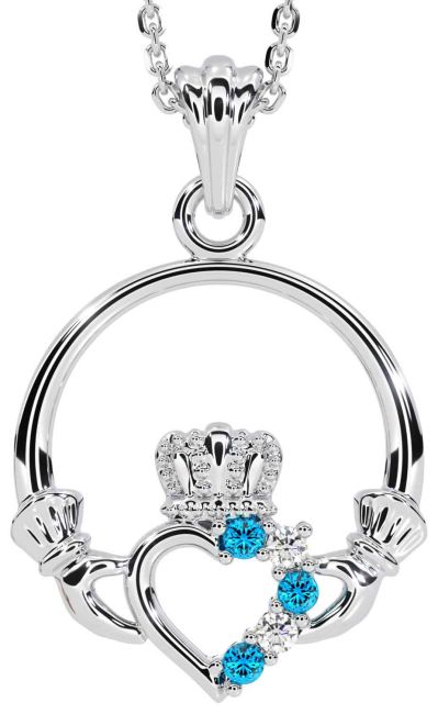 Diamond Topaz Silver Claddagh Necklace