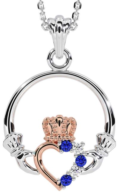 Diamond Sapphire Rose Gold Silver Claddagh Necklace