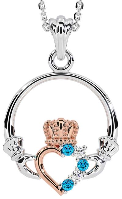 Diamond Topaz Rose Gold Silver Claddagh Necklace