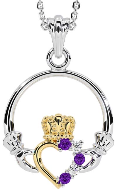 Diamond Amethyst Gold Silver Claddagh Necklace