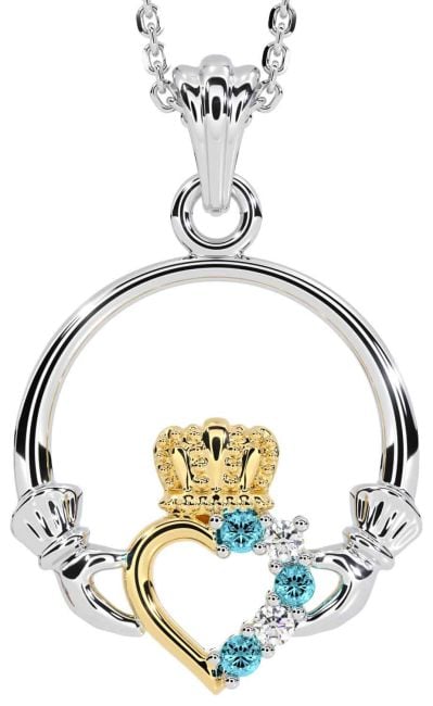 Diamond Aquamarine Gold Silver Claddagh Necklace