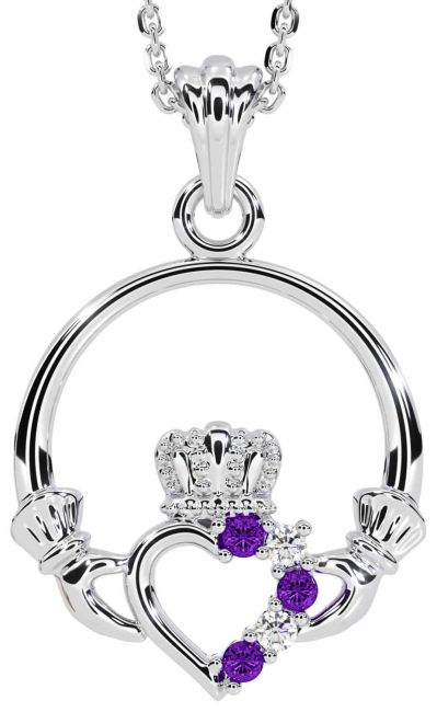 Diamond Amethyst White Gold Claddagh Necklace