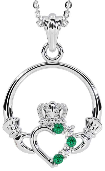 Diamond Emerald White Gold Claddagh Necklace