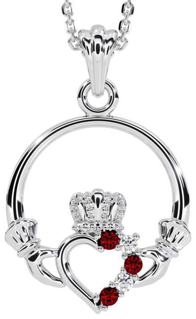 Diamond Garnet White Gold Claddagh Necklace