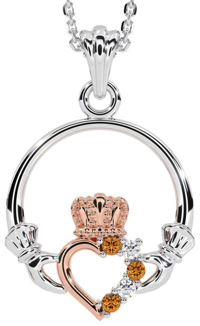 Diamond Citrine White Rose Gold Claddagh Necklace