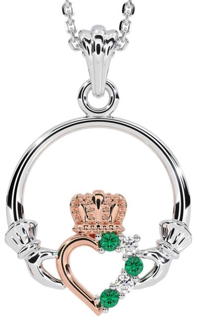 Diamond Emerald White Rose Gold Claddagh Necklace