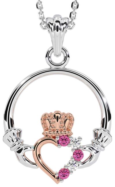 Diamond Pink Tourmaline White Rose Gold Claddagh Necklace
