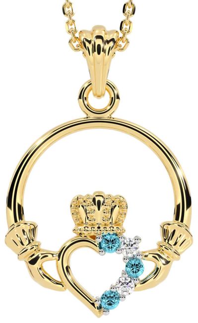 Diamond Aquamarine Gold Claddagh Necklace
