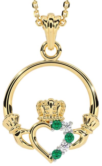 Diamond Emerald Gold Claddagh Necklace