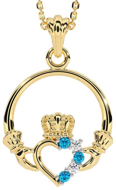 Diamond Topaz Gold Claddagh Necklace