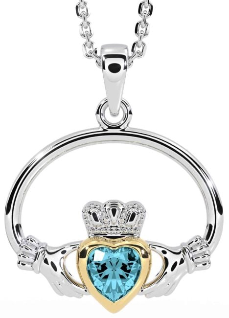 Aquamarine Gold Silver Claddagh Necklace