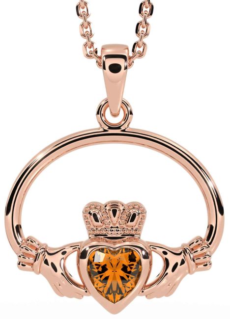 Citrine Rose Gold Silver Claddagh Necklace