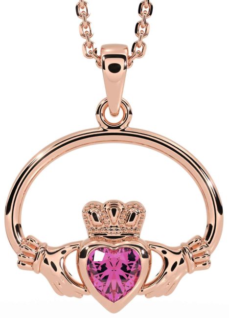 Pink Tourmaline Rose Gold Silver Claddagh Necklace