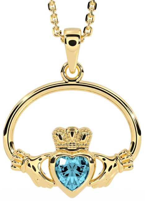 Aquamarine Gold Silver Claddagh Necklace