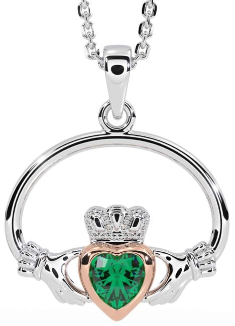 Emerald Rose Gold Silver Claddagh Necklace