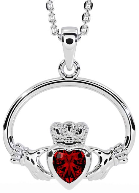 Garnet White Gold Claddagh Necklace