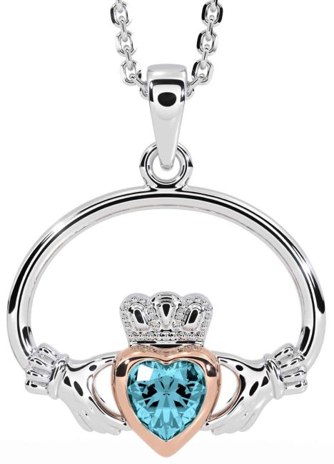 Aquamarine White Rose Gold Claddagh Necklace