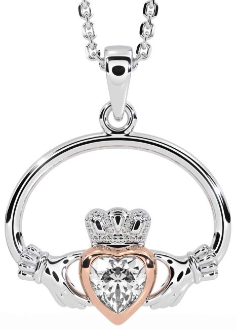 Diamond White Rose Gold Claddagh Necklace