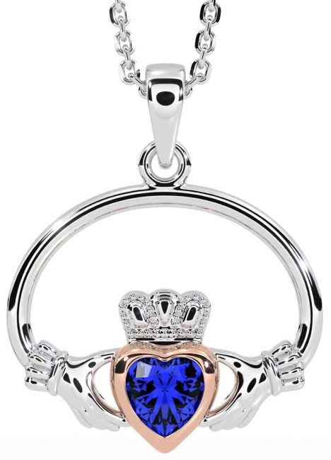 Sapphire White Rose Gold Claddagh Necklace