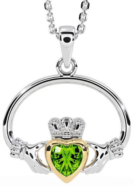 Peridot White Yellow Gold Claddagh Necklace