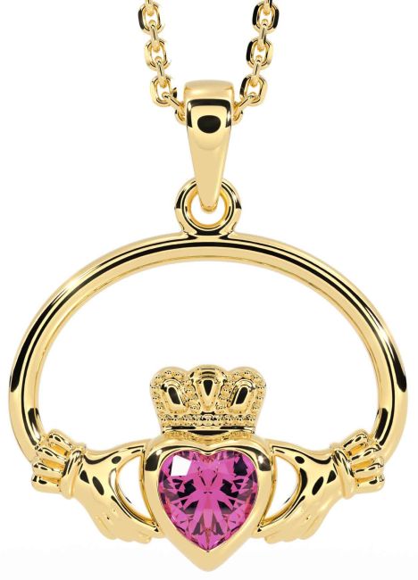 Pink Tourmaline Gold Claddagh Necklace