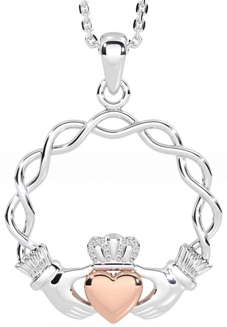 White Rose Gold Celtic Claddagh Necklace