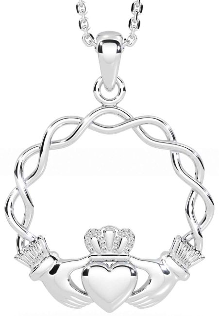 White Gold Celtic Claddagh Necklace